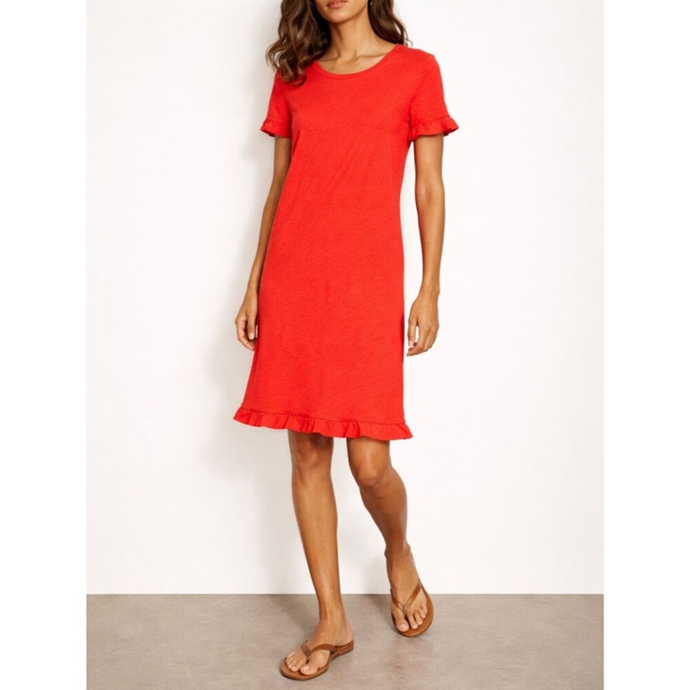 Boden Emily Ruffle Jersey Dress Coral Red Knit T-Shirt Dress Short Sleeve US 18L